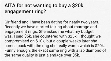 He said it very loudly: "EXCUSE ME, PLEASE LET MY MOTHER SIT IN. . Aita for not wanting to buy an expensive engagement ring